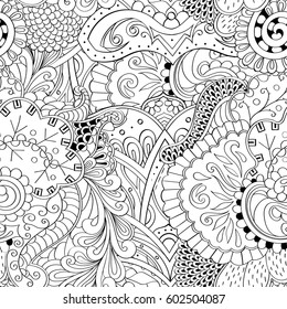 Tracery seamless calming pattern. Mehndi design. Ethnic monochrome binary doodle texture. Curved doodling black and white background. Vector.