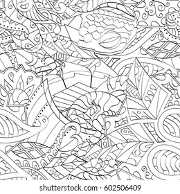 Tracery seamless calming pattern. Mehndi design. Ethnic monochrome binary doodle texture. Curved doodling black and white background. Vector.