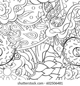 Tracery seamless calming pattern. Mehndi design. Ethnic monochrome binary doodle texture. Curved doodling black and white background. Vector.