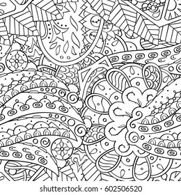 Tracery seamless calming pattern. Mehndi design. Ethnic monochrome binary doodle texture. Curved doodling black and white background. Vector.