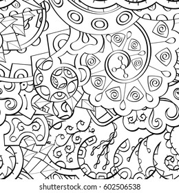 Tracery seamless calming pattern. Mehndi design. Ethnic monochrome binary doodle texture. Curved doodling black and white background. Vector.