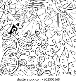 Tracery seamless calming pattern. Mehndi design. Ethnic monochrome binary doodle texture. Curved doodling black and white background. Vector.