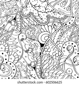 Tracery seamless calming pattern. Mehndi design. Ethnic monochrome binary doodle texture. Curved doodling black and white background. Vector.