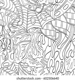 Tracery seamless calming pattern. Mehndi design. Ethnic monochrome binary doodle texture. Curved doodling black and white background. Vector.