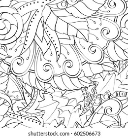 Tracery seamless calming pattern. Mehndi design. Ethnic monochrome binary doodle texture. Curved doodling black and white background. Vector.