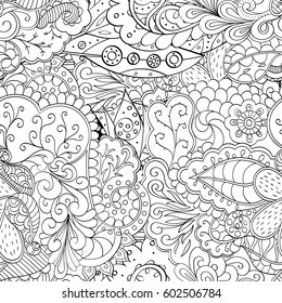 Tracery seamless calming pattern. Mehndi design. Ethnic monochrome binary doodle texture. Curved doodling black and white background. Vector.