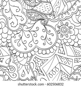 Tracery seamless calming pattern. Mehndi design. Ethnic monochrome binary doodle texture. Curved doodling black and white background. Vector.
