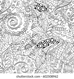 Tracery seamless calming pattern. Mehndi design. Ethnic monochrome binary doodle texture. Curved doodling black and white background. Vector.