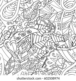 Tracery seamless calming pattern. Mehndi design. Ethnic monochrome binary doodle texture. Curved doodling black and white background. Vector.