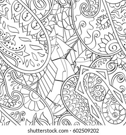 Tracery seamless calming pattern. Mehndi design. Ethnic monochrome binary doodle texture. Curved doodling black and white background. Vector.