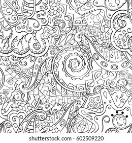 Tracery seamless calming pattern. Mehndi design. Ethnic monochrome binary doodle texture. Curved doodling black and white background. Vector.
