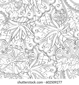 Tracery seamless calming pattern. Mehndi design. Ethnic monochrome binary doodle texture. Curved doodling black and white background. Vector.
