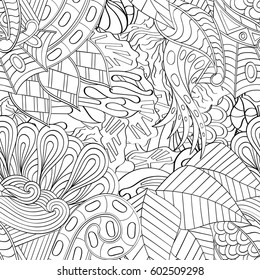 Tracery seamless calming pattern. Mehndi design. Ethnic monochrome binary doodle texture. Curved doodling black and white background. Vector.