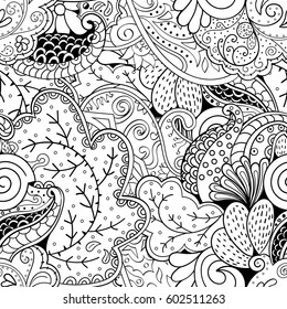 Tracery seamless calming pattern. Mehndi design. Ethnic monochrome binary doodle texture. Curved doodling black and white background. Vector.