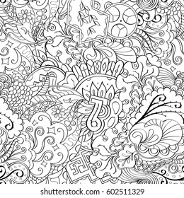 Tracery seamless calming pattern. Mehndi design. Ethnic monochrome binary doodle texture. Curved doodling black and white background. Vector.