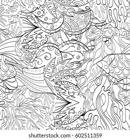 Tracery seamless calming pattern. Mehndi design. Ethnic monochrome binary doodle texture. Curved doodling black and white background. Vector.