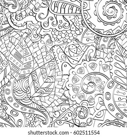 Tracery seamless calming pattern. Mehndi design. Ethnic monochrome binary doodle texture. Curved doodling black and white background. Vector.