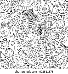 Tracery seamless calming pattern. Mehndi design. Ethnic monochrome binary doodle texture. Curved doodling black and white background. Vector.