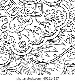 Tracery seamless calming pattern. Mehndi design. Ethnic monochrome binary doodle texture. Curved doodling black and white background. Vector.