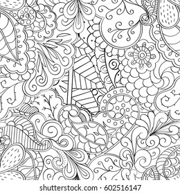 Tracery seamless calming pattern. Mehndi design. Ethnic monochrome binary doodle texture. Curved doodling black and white background. Vector.