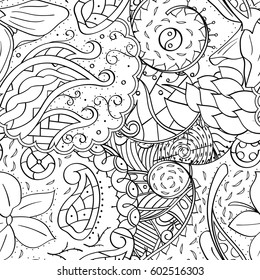 Tracery seamless calming pattern. Mehndi design. Ethnic monochrome binary doodle texture. Curved doodling black and white background. Vector.