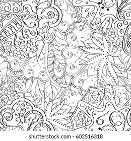 Tracery seamless calming pattern. Mehndi design. Ethnic monochrome binary doodle texture. Curved doodling black and white background. Vector.