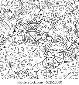 Tracery seamless calming pattern. Mehndi design. Ethnic monochrome binary doodle texture. Curved doodling black and white background. Vector.