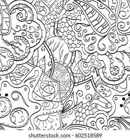 Tracery seamless calming pattern. Mehndi design. Ethnic monochrome binary doodle texture. Curved doodling black and white background. Vector.
