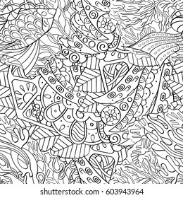 Tracery seamless calming pattern. Mehndi design. Ethnic monochrome binary doodle texture. Curved doodling black and white background. Vector.