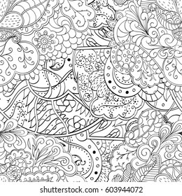 Tracery seamless calming pattern. Mehndi design. Ethnic monochrome binary doodle texture. Curved doodling black and white background. Vector.