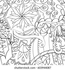 Tracery seamless calming pattern. Mehndi design. Ethnic monochrome binary doodle texture. Curved doodling black and white background. Vector.