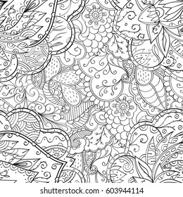 Tracery seamless calming pattern. Mehndi design. Ethnic monochrome binary doodle texture. Curved doodling black and white background. Vector.