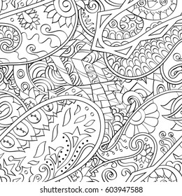 Tracery seamless calming pattern. Mehndi design. Ethnic monochrome binary doodle texture. Curved doodling black and white background. Vector.