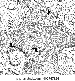 Tracery seamless calming pattern. Mehndi design. Ethnic monochrome binary doodle texture. Curved doodling black and white background. Vector.
