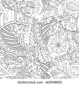 Tracery seamless calming pattern. Mehndi design. Ethnic monochrome binary doodle texture. Curved doodling black and white background. Vector.