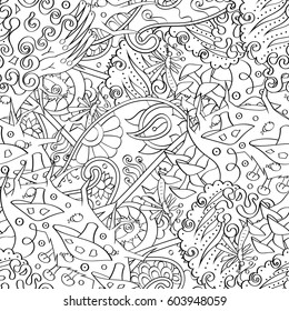 Tracery seamless calming pattern. Mehndi design. Ethnic monochrome binary doodle texture. Curved doodling black and white background. Vector.