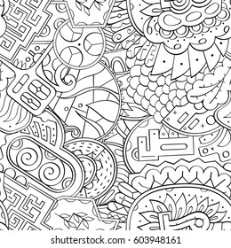 Tracery seamless calming pattern. Mehndi design. Ethnic monochrome binary doodle texture. Curved doodling black and white background. Vector.