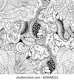 Tracery seamless calming pattern. Mehndi design. Ethnic monochrome binary doodle texture. Curved doodling black and white background. Vector.