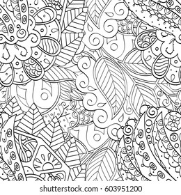 Tracery seamless calming pattern. Mehndi design. Ethnic monochrome binary doodle texture. Curved doodling black and white background. Vector.
