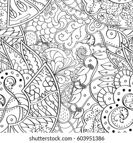 Tracery seamless calming pattern. Mehndi design. Ethnic monochrome binary doodle texture. Curved doodling black and white background. Vector.