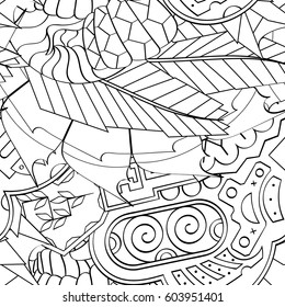 Tracery seamless calming pattern. Mehndi design. Ethnic monochrome binary doodle texture. Curved doodling black and white background. Vector.