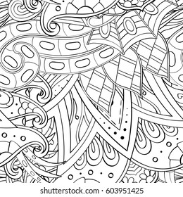 Tracery seamless calming pattern. Mehndi design. Ethnic monochrome binary doodle texture. Curved doodling black and white background. Vector.