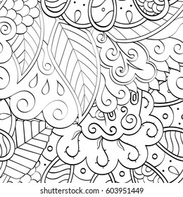 Tracery seamless calming pattern. Mehndi design. Ethnic monochrome binary doodle texture. Curved doodling black and white background. Vector.