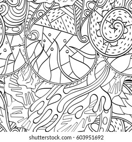 Tracery seamless calming pattern. Mehndi design. Ethnic monochrome binary doodle texture. Curved doodling black and white background. Vector.