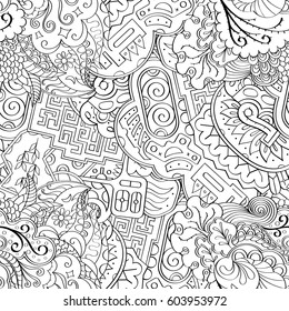 Tracery seamless calming pattern. Mehndi design. Ethnic monochrome binary doodle texture. Curved doodling black and white background. Vector.