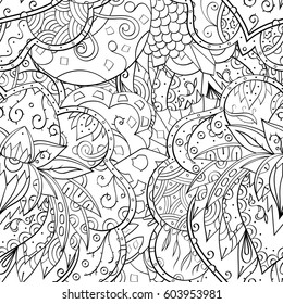 Tracery seamless calming pattern. Mehndi design. Ethnic monochrome binary doodle texture. Curved doodling black and white background. Vector.