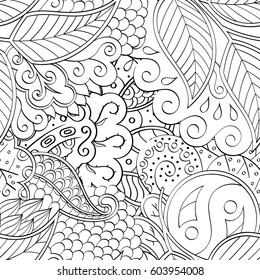 Tracery seamless calming pattern. Mehndi design. Ethnic monochrome binary doodle texture. Curved doodling black and white background. Vector.