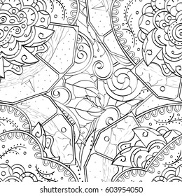 Tracery seamless calming pattern. Mehndi design. Ethnic monochrome binary doodle texture. Curved doodling black and white background. Vector.