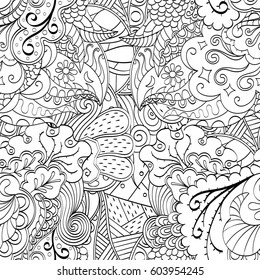 Tracery seamless calming pattern. Mehndi design. Ethnic monochrome binary doodle texture. Curved doodling black and white background. Vector.