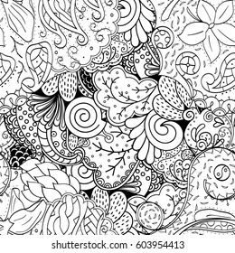 Tracery seamless calming pattern. Mehndi design. Ethnic monochrome binary doodle texture. Curved doodling black and white background. Vector.
